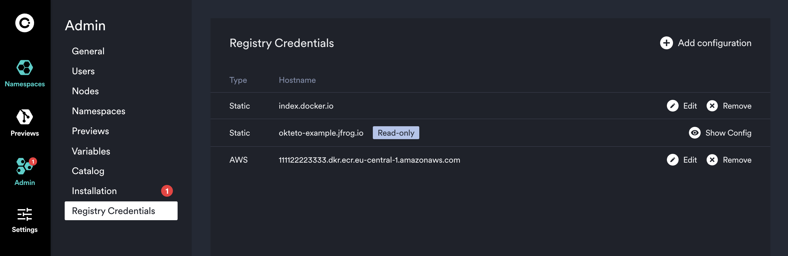 Registry credentials view